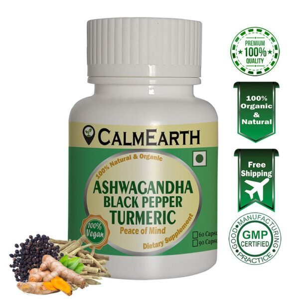 CalmEarth Ashwagandha, Black Pepper & Turmeric Capsules – 500 mg Herbal Blend