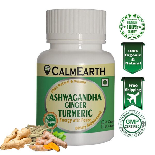 CalmEarth Ashwagandha, Ginger & Turmeric Capsules – 500 mg Herbal Blend