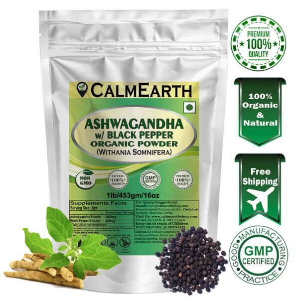 Organic Ashwagandha with Black Pepper Powder powder fine texture close-up by CalmEarth