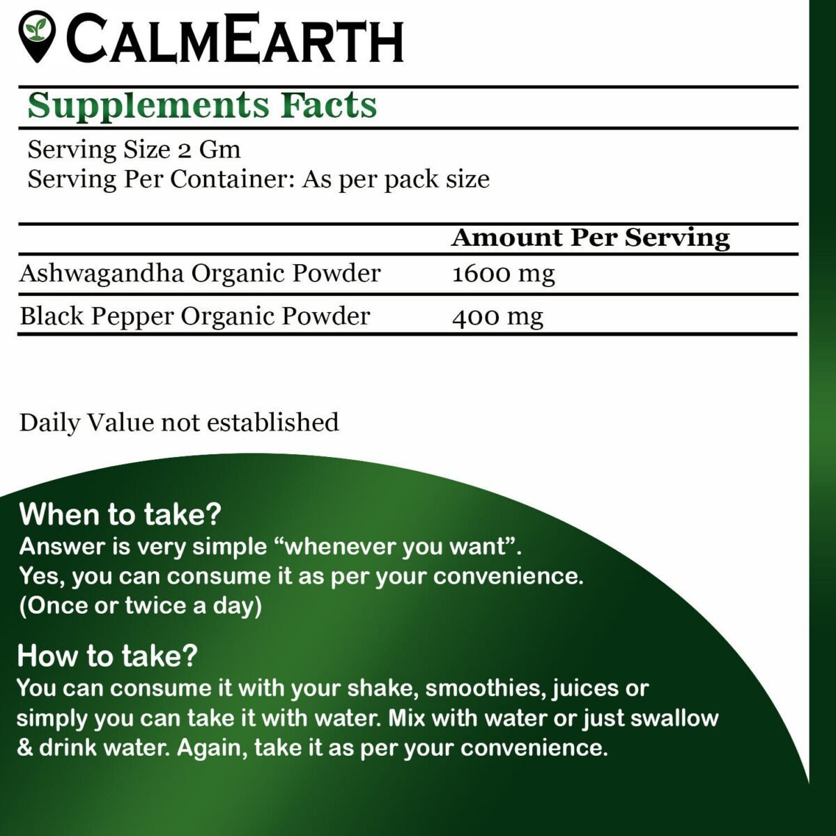 Organic Ashwagandha with Black Pepper Powder powder ayurvedic wellness product by CalmEarth