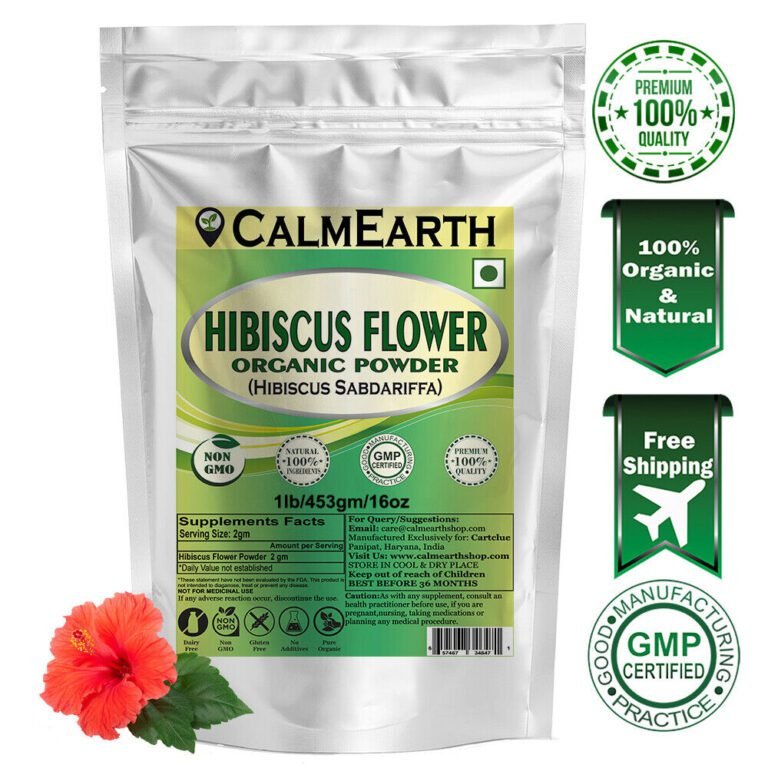 Organic Hibiscus Flower Powder powder fine texture close-up by CalmEarth