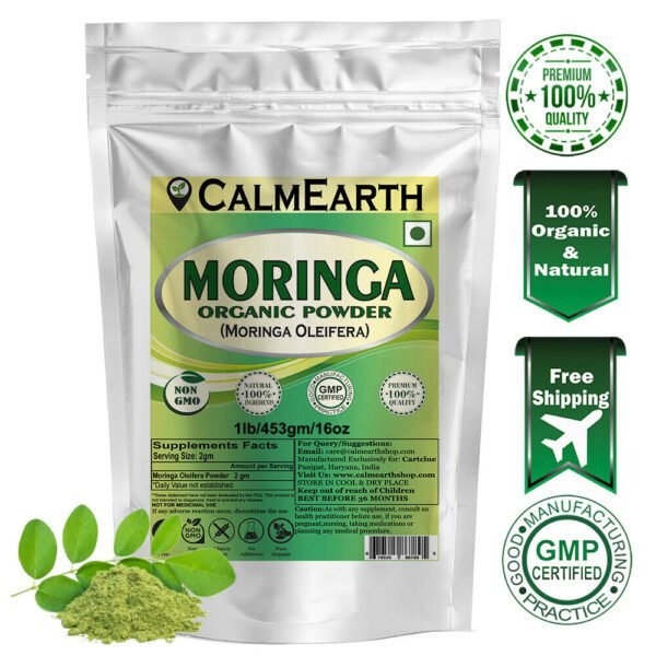Organic Moringa Leaf Powder powder fine texture close-up by CalmEarth